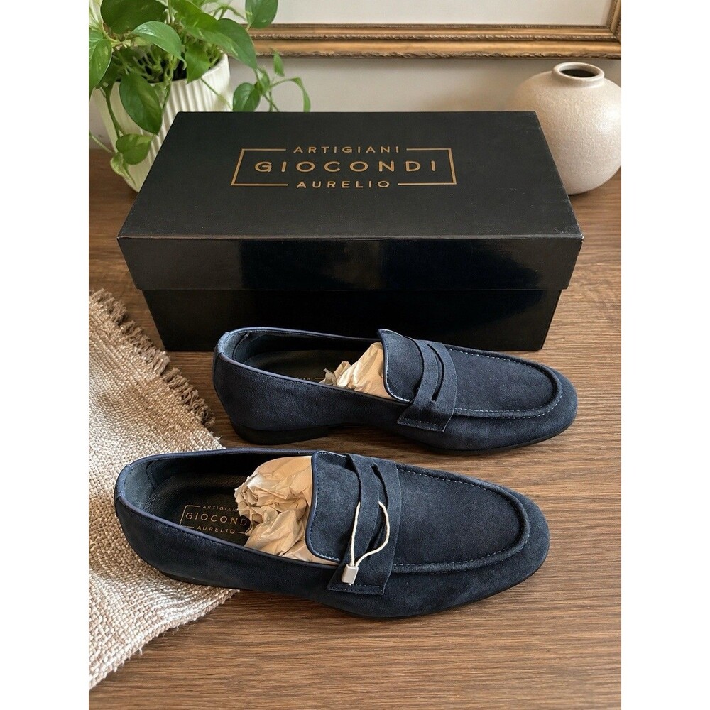 Artigiani Aurelio Giocondi Navy Blue Suede Leather Penny Loafers Size 40 US 7